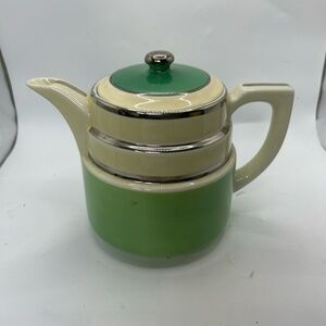 HALL'S Coffee Pot Green Cream Art Deco Vintage Banded Accents Collectible Retro‎